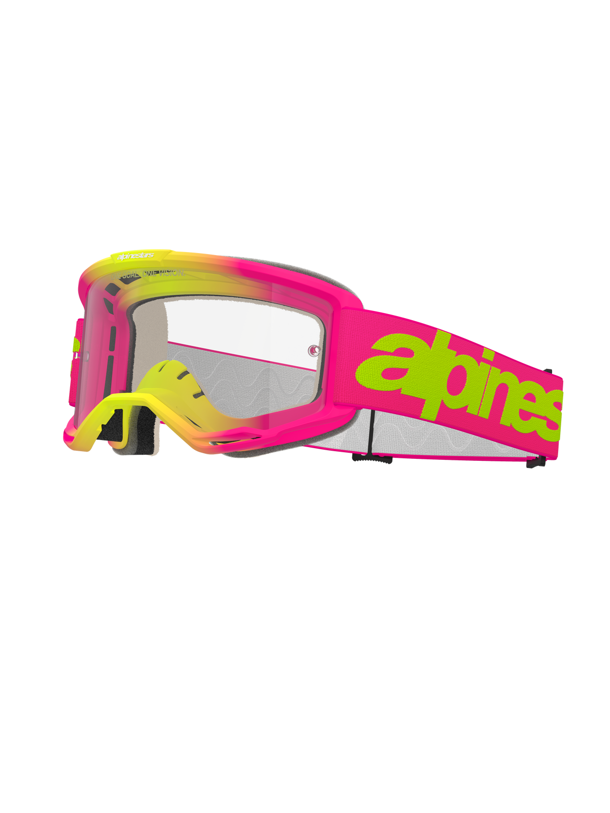 Alpinestars Vision 5 Wordmark Goggles, óculos de motocross, rosa e amarelo néon, lente transparente, logótipo verde-limão na correia rosa, espuma facial de várias camadas, design ventilado para corridas fora de estrada