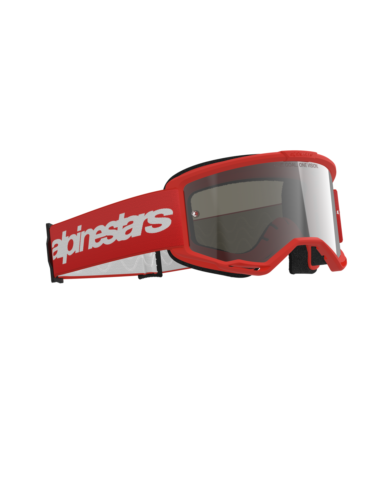 Alpinestars Vision 3 Wordmark Goggles, óculos de motocross, armação vermelha com correia vermelha a condizer apresentando um logótipo wordmark branco grande, lente espelhada prateada, concebidos para corridas de motocross e todo-o-terreno