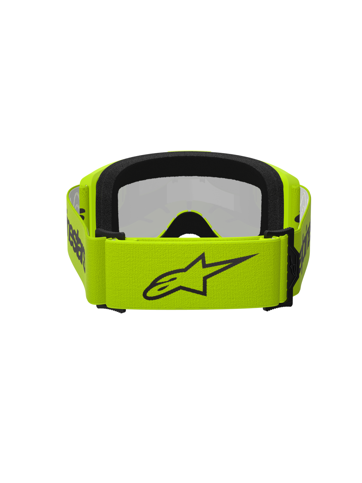 Alpinestars Vision 3 Wordmark Goggles, Motocross Goggles, Yellow Fluo and Silver Mirror, back view featuring a wide fluorescent yellow strap with a black star logo and branding, black face foam, designed for off-road racing