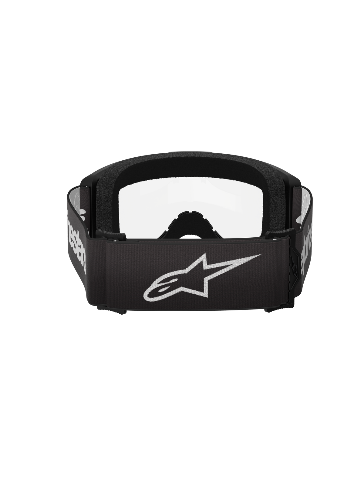 Óculos Alpinestars Vision 3 Wordmark, óculos de motocross, preto e transparente, vista traseira com uma correia preta larga com o logótipo de estrela e wordmark da Alpinestars em branco, espuma facial preta espessa e lente transparente.