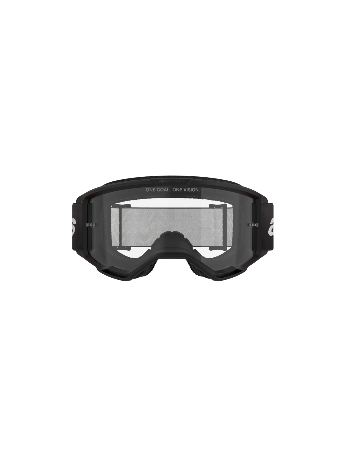 Óculos Alpinestars Vision 3 Wordmark, óculos de motocross, pretos e transparentes, vista frontal com lente transparente anti-embaciamento, armação A-FLEX, correia preta com logótipo Alpinestars branco e detalhe do slogan 'ONE GOAL. ONE VISION.'