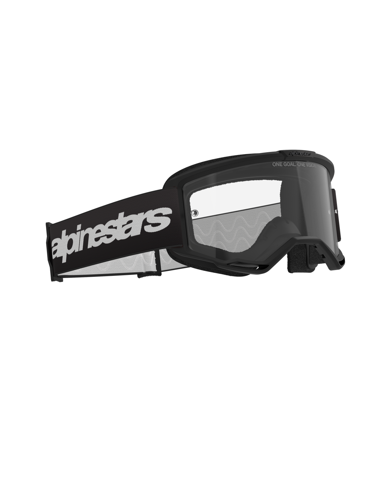 Óculos Alpinestars Vision 3 Wordmark, óculos de motocross, pretos e transparentes, com uma correia preta larga e logótipo wordmark branco em destaque, lente transparente anti-embaciamento com o texto "ONE GOAL. ONE VISION.", design de performance elegante para corridas off-road