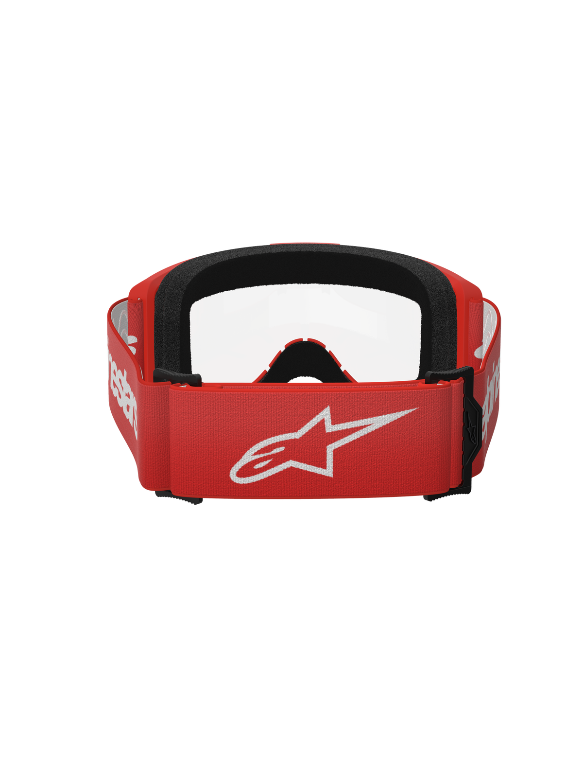 Óculos Alpinestars Vision 3 Wordmark, óculos de motocross, vermelhos e transparentes, vista traseira com correia tecida vermelha, grande logótipo Alpinestars branco e acolchoamento de espuma facial preto