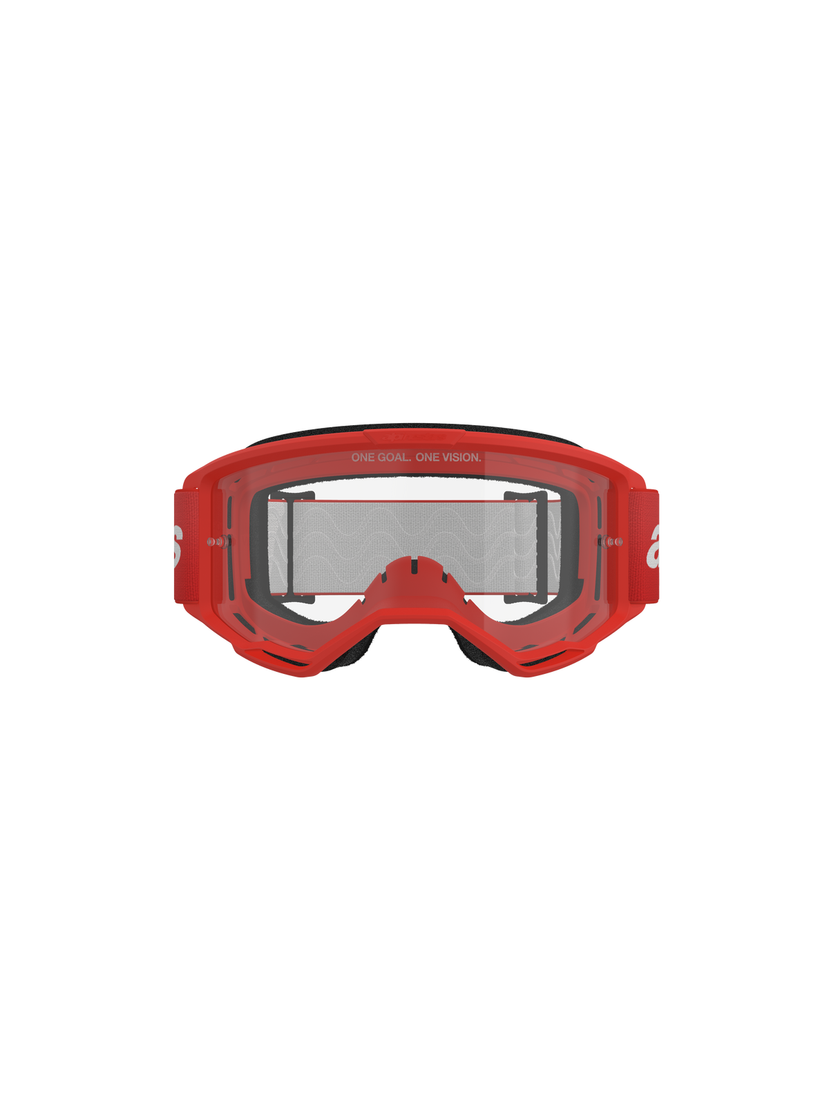 Óculos Alpinestars Vision 3 Wordmark, óculos de motocross, armação vermelha e lente transparente, correia tecida vermelha com logótipo branco, texto 'ONE GOAL. ONE VISION.' na lente, fotografia de estúdio frontal em fundo preto