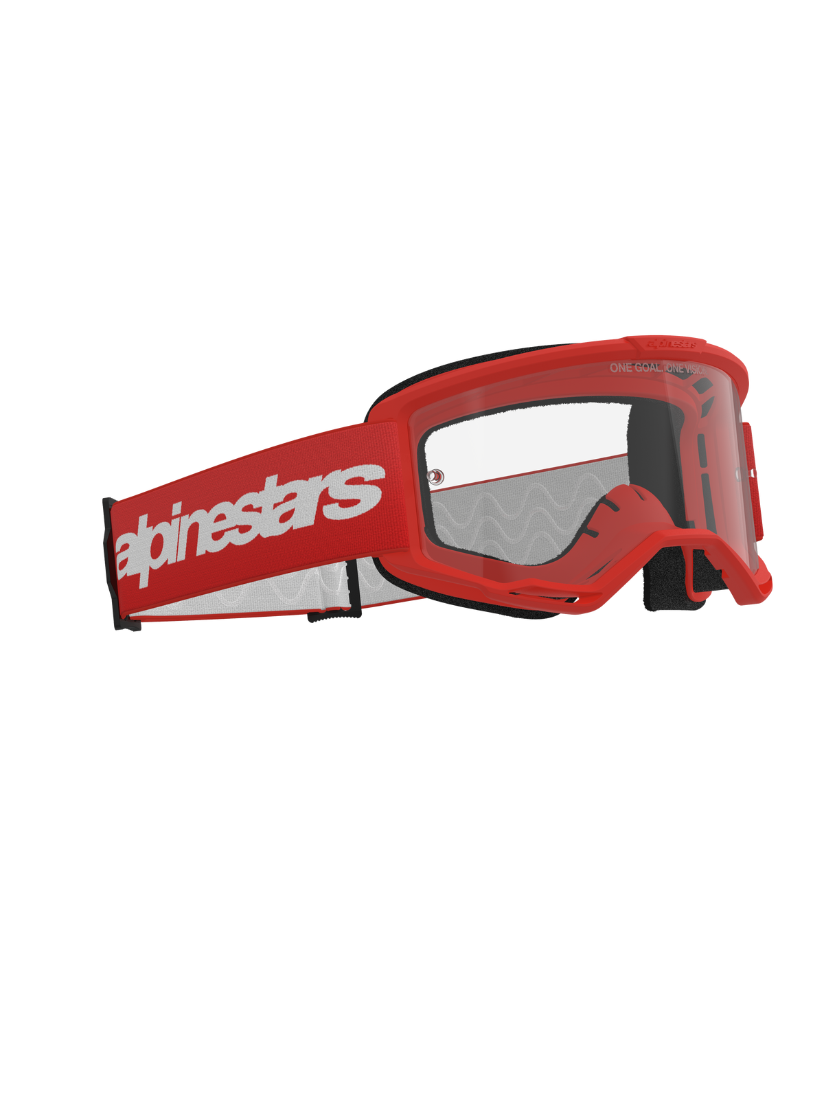 Alpinestars Vision 3 Wordmark Goggles, óculos de motocross, vermelhos com lente transparente, com armação vermelha e correia larga vermelha com o logótipo Alpinestars em branco, óculos de proteção profissionais para todo-o-terreno