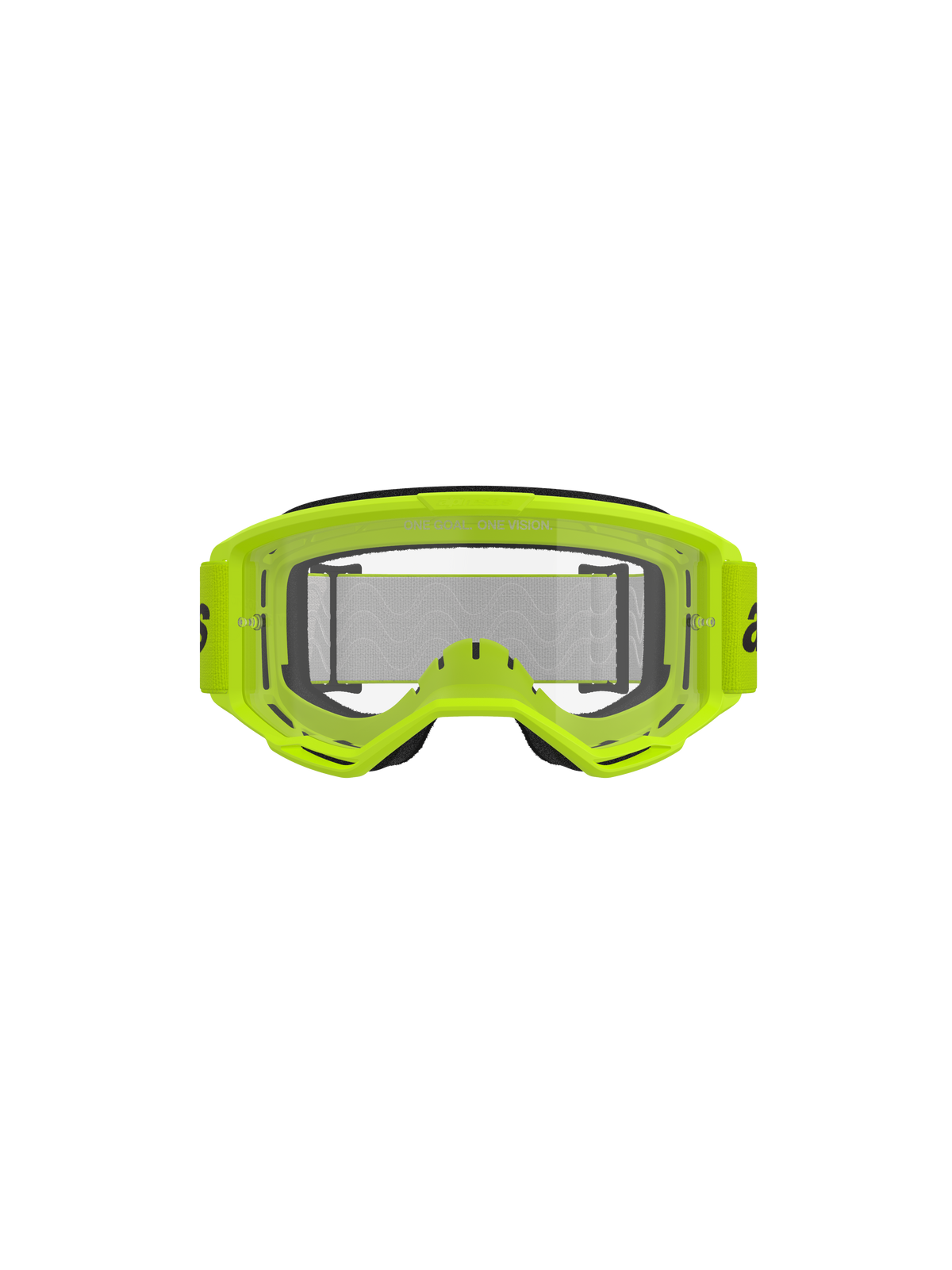 Óculos Alpinestars Vision 3 Wordmark, óculos de motocross, amarelo néon e transparente, armação amarela néon vibrante, lente transparente anti-embaciamento, correia larga tecida, equipamento de corrida todo-o-terreno