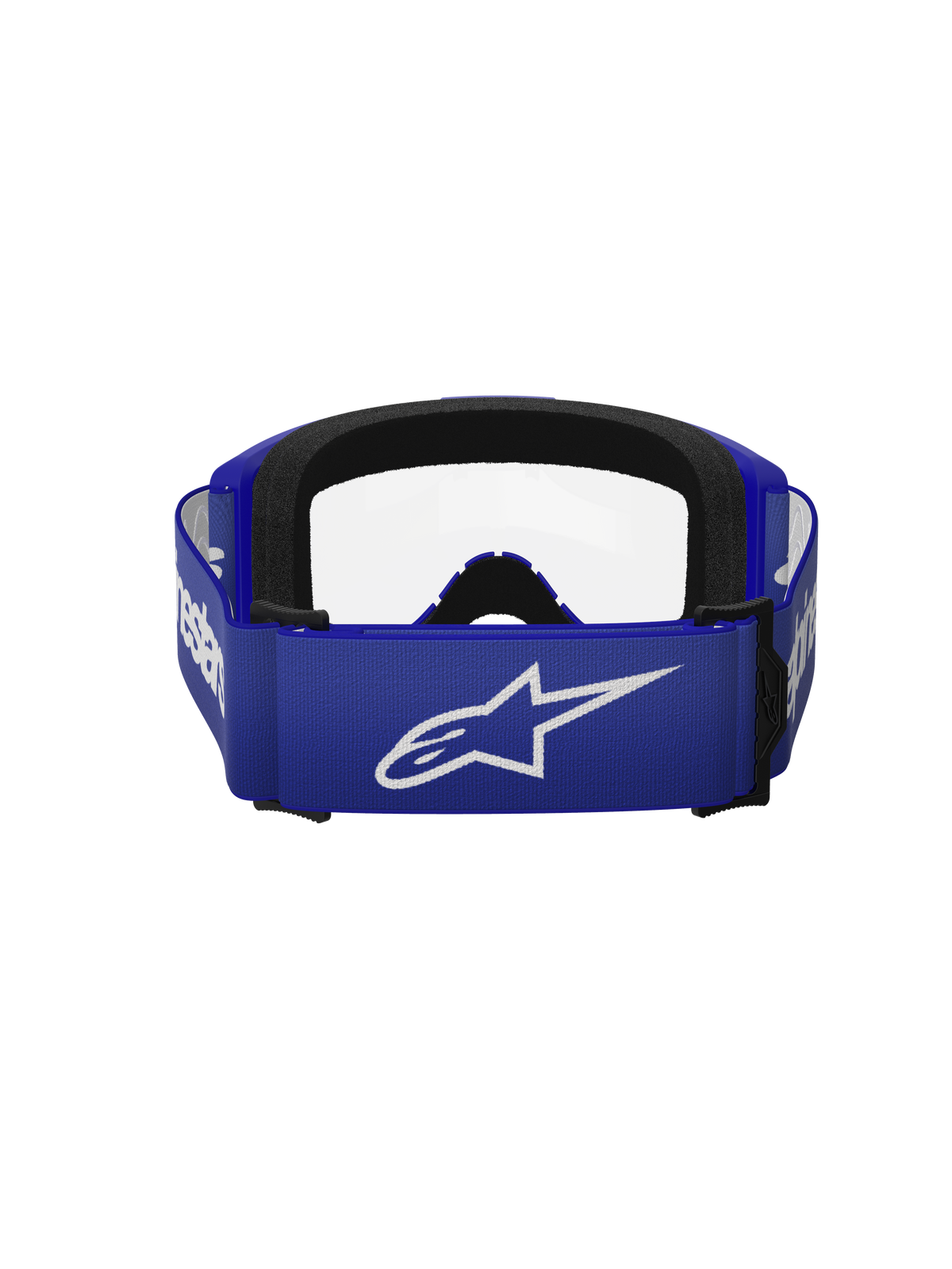 Alpinestars Vision 3 Wordmark Goggles, óculos de motocross, azuis e transparentes, vista traseira com uma correia larga azul e um logótipo A-star branco, acolchoamento de espuma preta e lente transparente, concebidos para corridas de todo-o-terreno