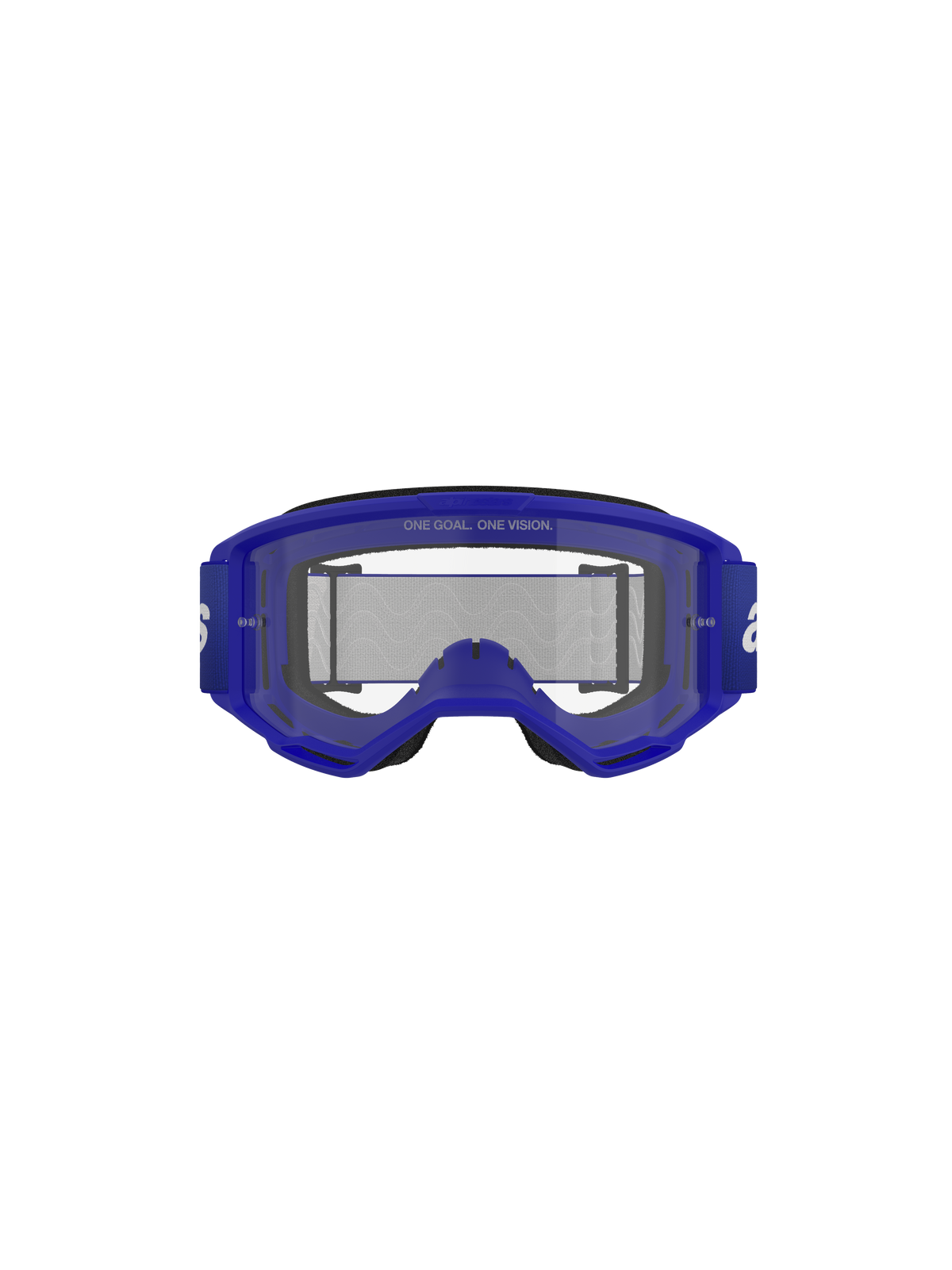 Óculos Alpinestars Vision 3 Wordmark, óculos de motocross, azul e transparente, vista frontal mostrando a armação A-FLEX azul e lente transparente anti-embaciamento com o texto 'ONE GOAL. ONE VISION.', correia larga azul com logótipo branco