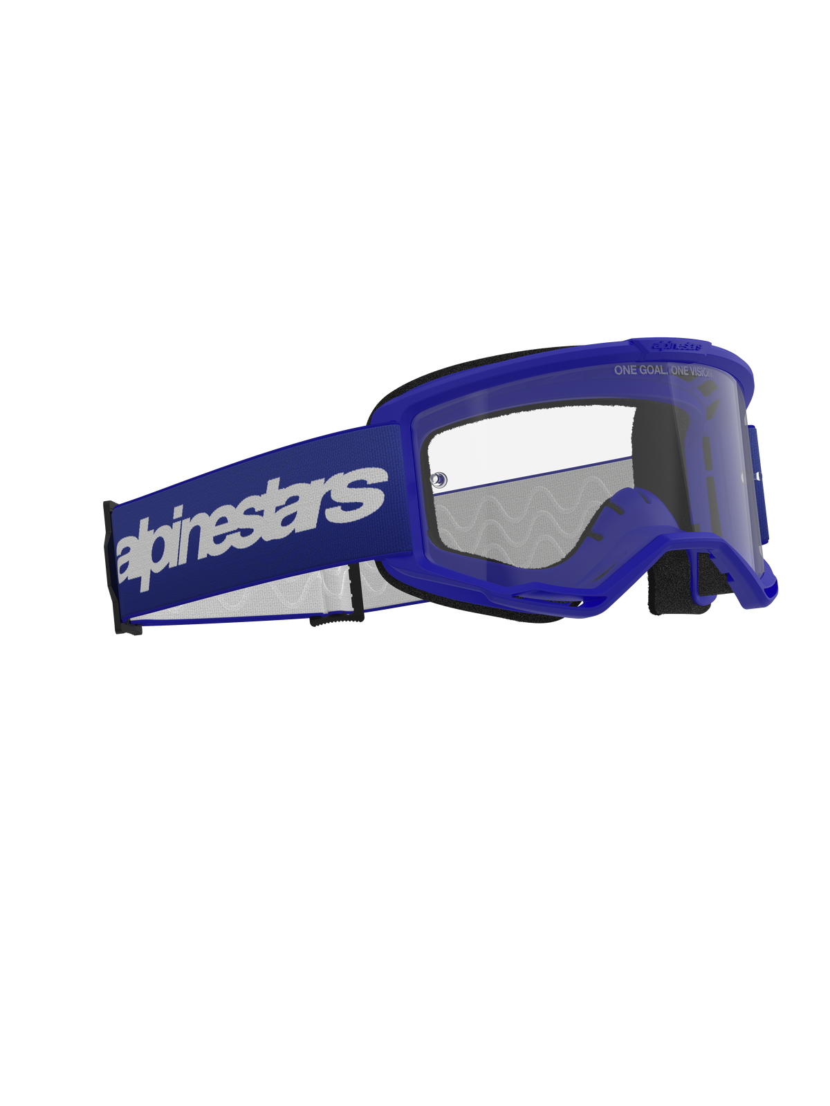 Óculos Alpinestars Vision 3 Wordmark, óculos de motocross, azul e transparente, com armação A-FLEX azul, lente de policarbonato transparente anti-embaciamento e correia larga azul escura com logótipo Alpinestars wordmark branco, proteção ocular durável para todo-o-terreno