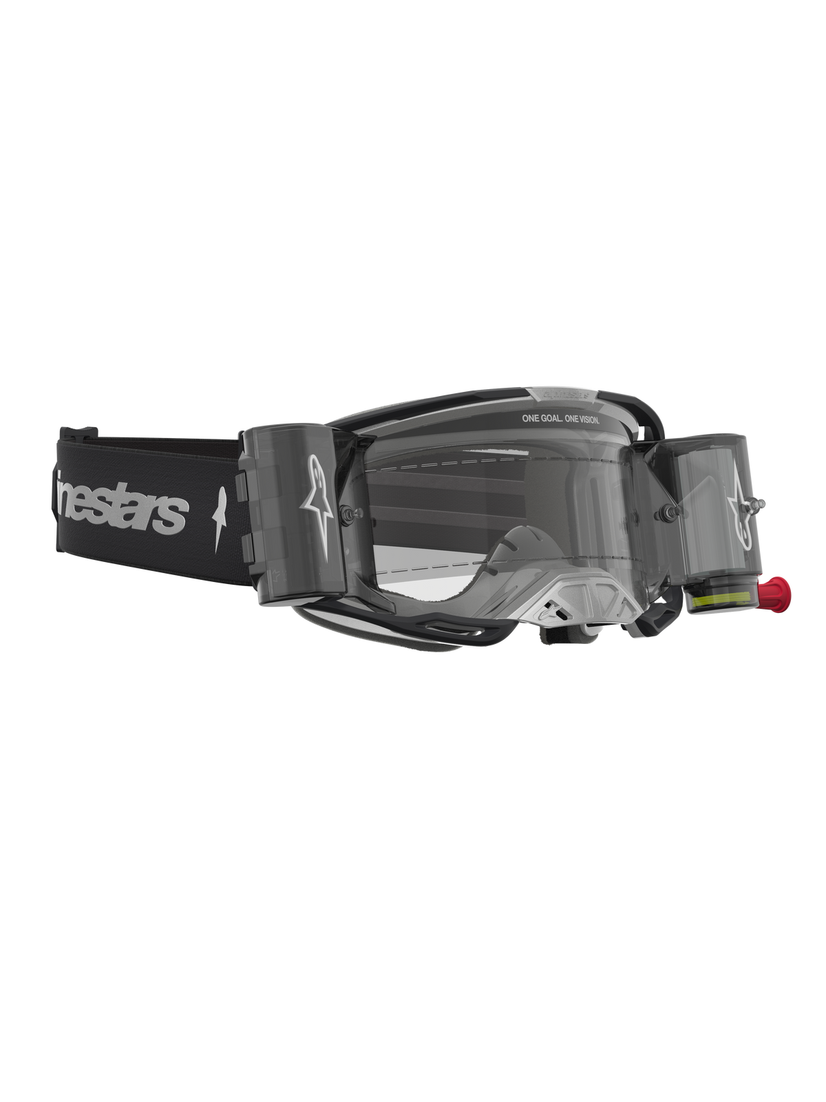 Óculos Alpinestars Vision 8 Âmbar Roll Off, óculos de motocross pretos e prateados com lente transparente e sistema roll-off.