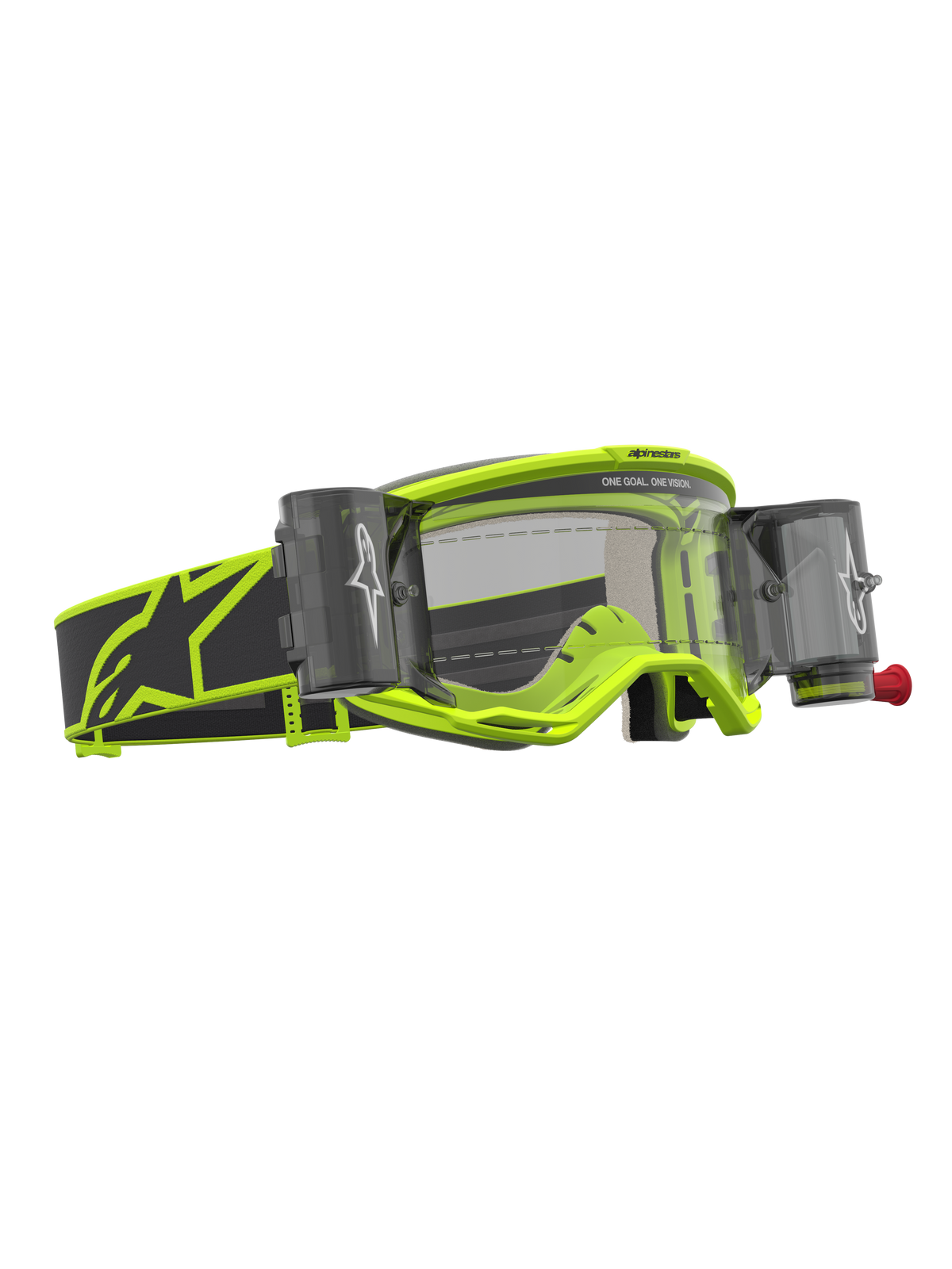 Óculos Alpinestars Vision 5 Rora Roll Off, amarelos fluo e pretos, com sistema roll-off e lente transparente para motocross.