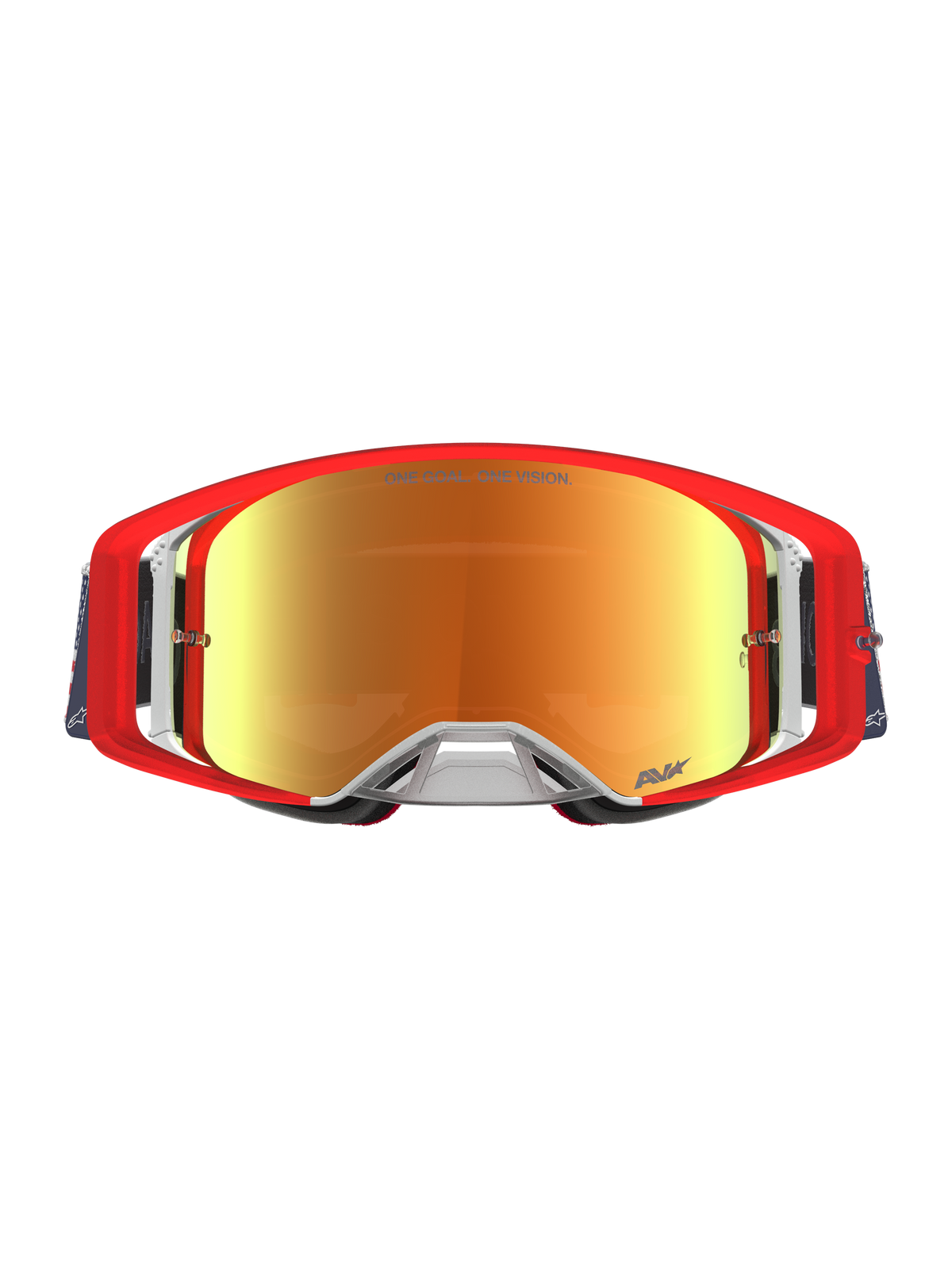 Alpinestars Supertech LE Fiftyfold, óculos de motocross, vermelhos e azuis com lentes espelhadas refletoras, estilo off-road.