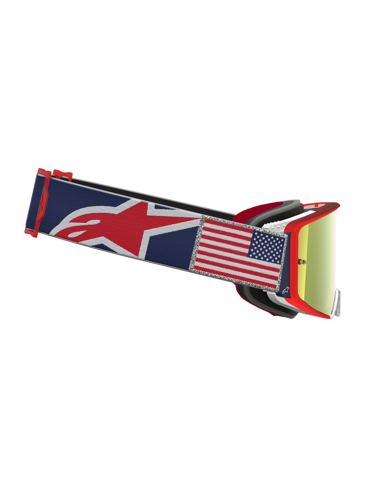 Alpinestars Supertech Fiftyfold, óculos de motocross azuis e vermelhos, lentes espelhadas vermelhas e patch da bandeira EUA.