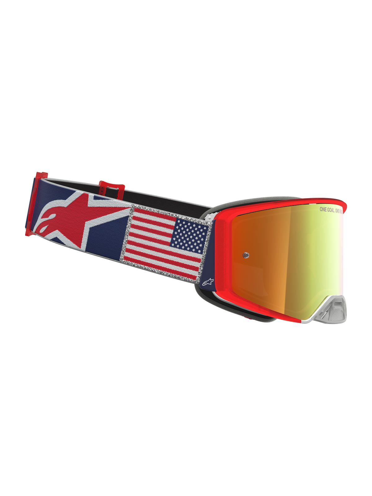 Alpinestars Supertech Fiftyfold Goggles, óculos de motocross para todo-o-terreno, azuis e vermelhos, fita com gráfico da bandeira americana e lentes espelhadas.