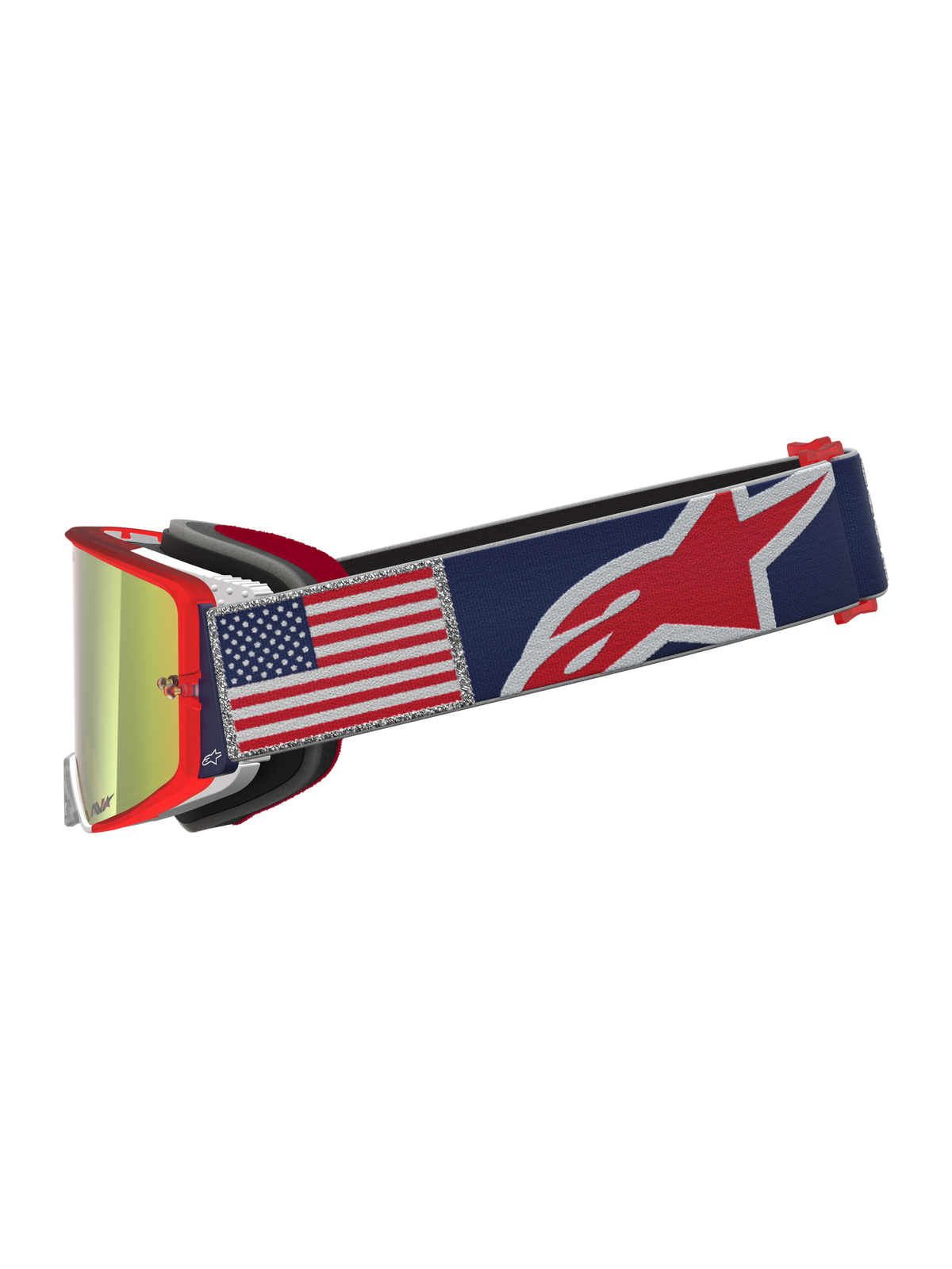 Alpinestars Supertech LE Fiftyfold, óculos de motocross, armação vermelha e fita azul com bandeira dos EUA, lentes espelhadas