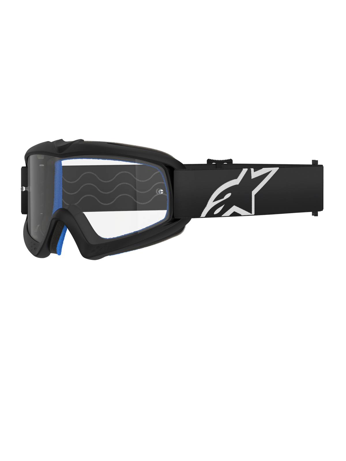 Alpinestars Vision Youth Corp Goggles, óculos de motocross para jovens, pretos com almofadamento azul, lente transparente com padrão de linhas onduladas, correia preta com logótipo de estrela branco, design moderno e aerodinâmico