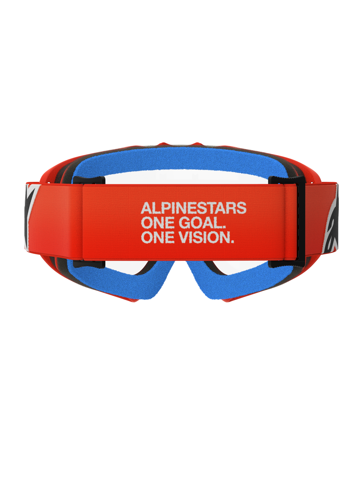 Alpinestars Vision Youth Corp Goggles, óculos de motocross, cor de laranja com lente transparente, vista traseira com correia laranja e slogan da Alpinestars em branco, espuma facial interior azul e lente de policarbonato transparente