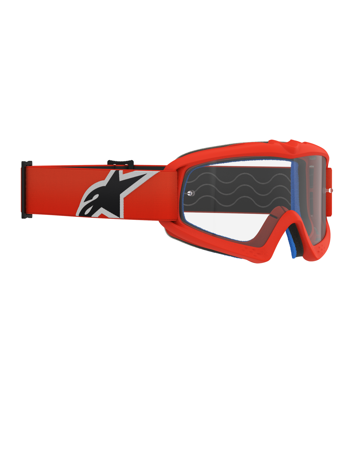 Óculos Alpinestars Vision Youth Corp, óculos de motocross para jovens, armação laranja e lente transparente, correia laranja com logótipo Alpinestars em preto e branco, espuma facial azul visível, ondas de silicone aderentes, lente de policarbonato anti-embaciamento para corridas todo-o-terreno
