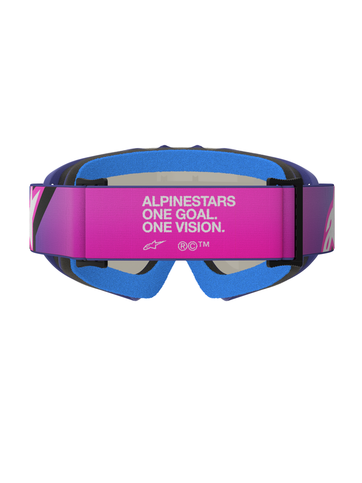 Óculos Alpinestars Vision Youth Corp, óculos de motocross, roxo, rosa fluorescente e azul espelhado, vista traseira com uma correia ajustável rosa com o texto branco 'ALPINESTARS ONE GOAL. ONE VISION.', espuma facial acolchoada azul e armação de uretano roxa, concebidos para jovens pilotos de todo-o-terreno.