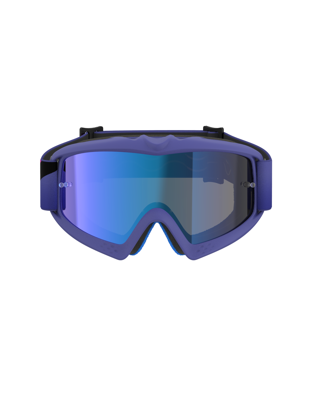 Óculos Alpinestars Vision Youth Corp, óculos de motocross, armação roxa e rosa fluo com lente azul espelhada, proteção ocular de todo-o-terreno para jovens, vista frontal demonstrando a armação A-FLEX e a espuma facial de várias camadas