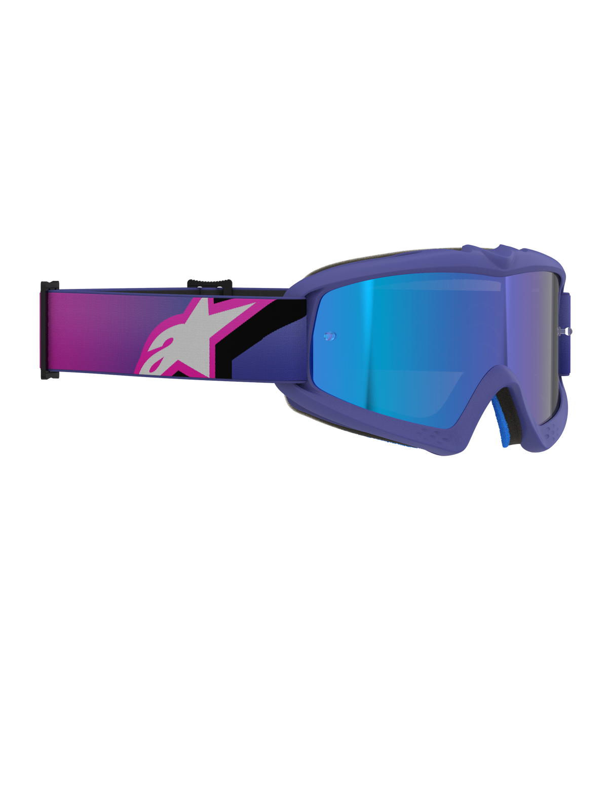 Alpinestars Vision Youth Corp Goggles, óculos de motocross, armação roxa e rosa fluorescente com lente azul espelhada, correia elástica larga com logótipo Alpinestars em rosa e branco, óculos de alto desempenho para jovens pilotos de todo-o-terreno