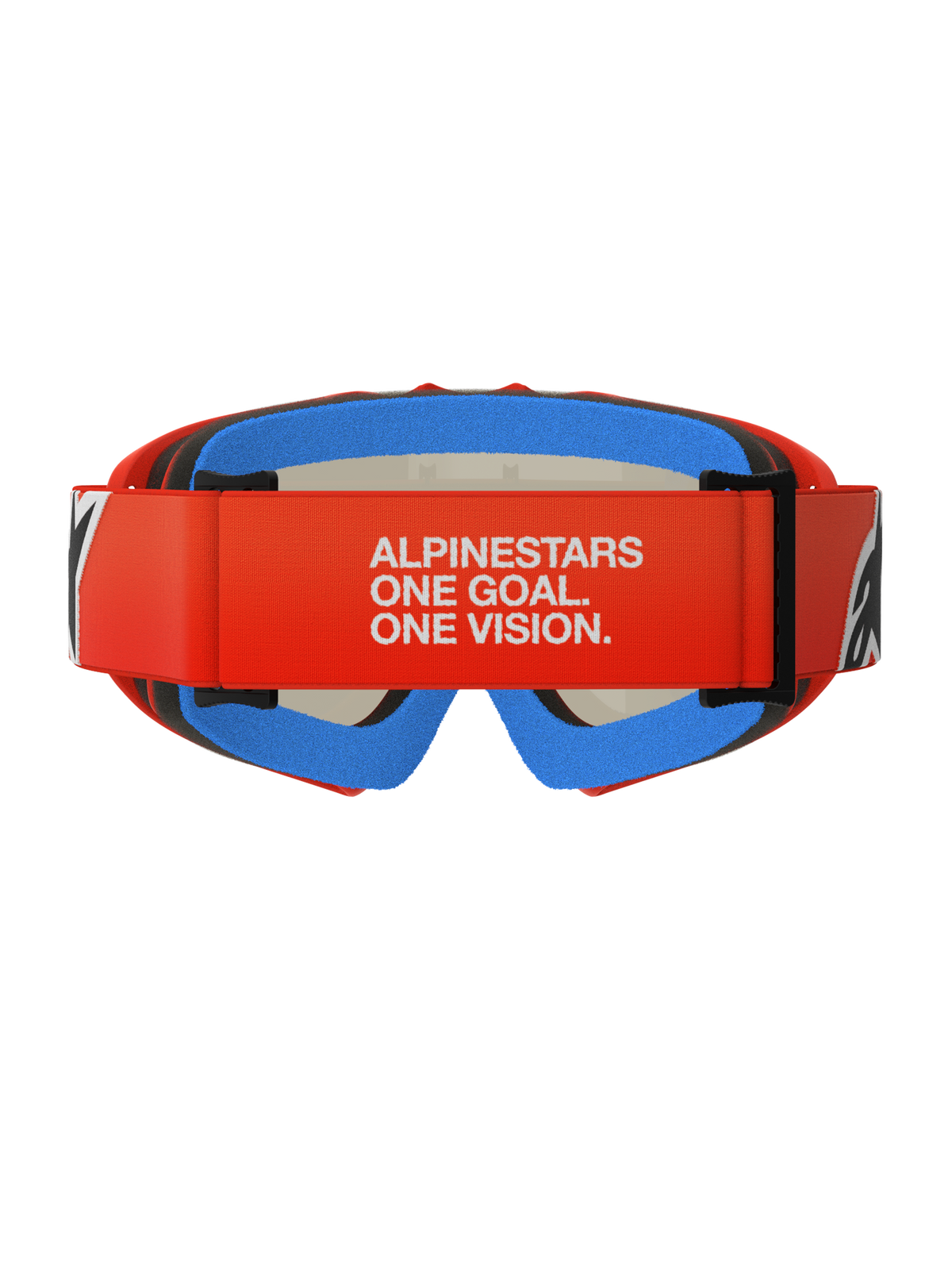 Alpinestars Vision Youth Corp Goggles, óculos de motocross para jovens, cor de laranja e vermelhos com espuma azul, vista traseira com correia larga vermelha e marca branca 'ALPINESTARS ONE GOAL. ONE VISION.', espuma de conforto multi-camada para um ajuste seguro