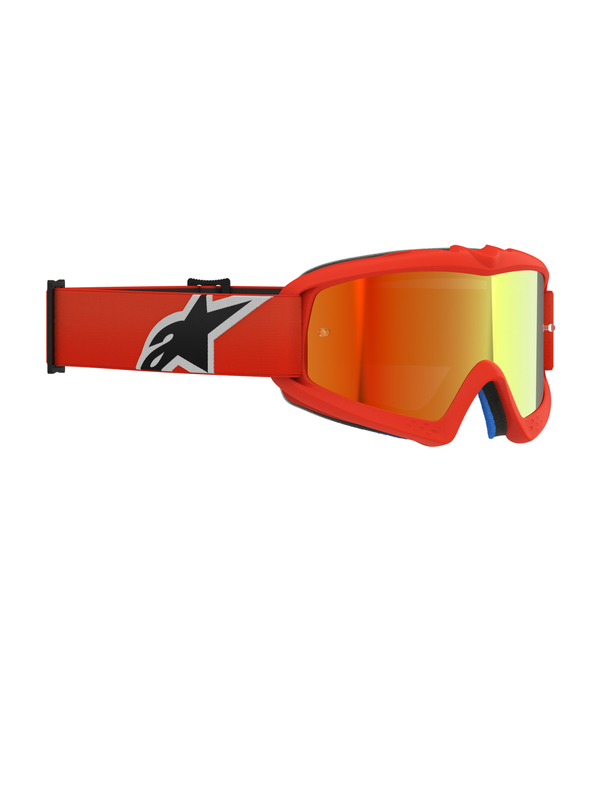 Alpinestars Vision Youth Corp Goggles, óculos de motocross, armação laranja com lente espelhada vermelha, com uma correia tecida laranja com logótipo em preto e branco, concebidos para jovens pilotos com lente anti-embaciamento e armação de uretano