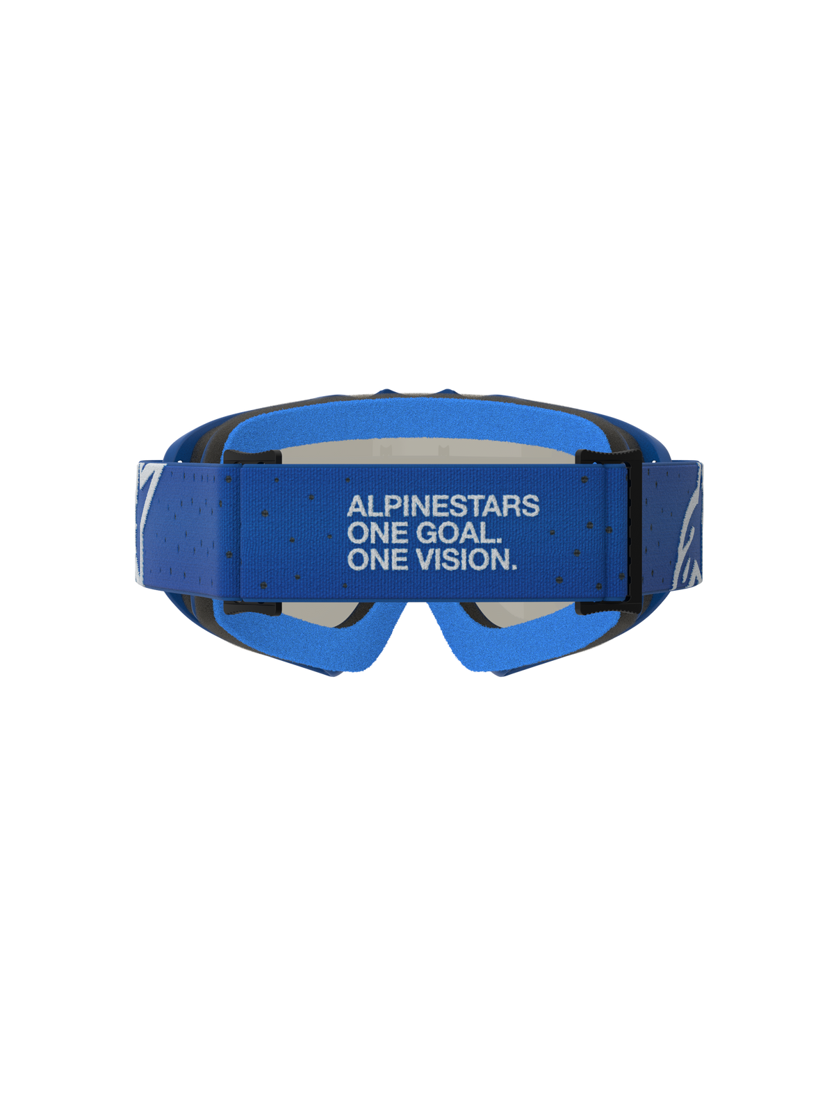 Alpinestars Vision Vesta Jovem, óculos de motocross em azul e branco, vista traseira com fita e slogan One Goal. One Vision.