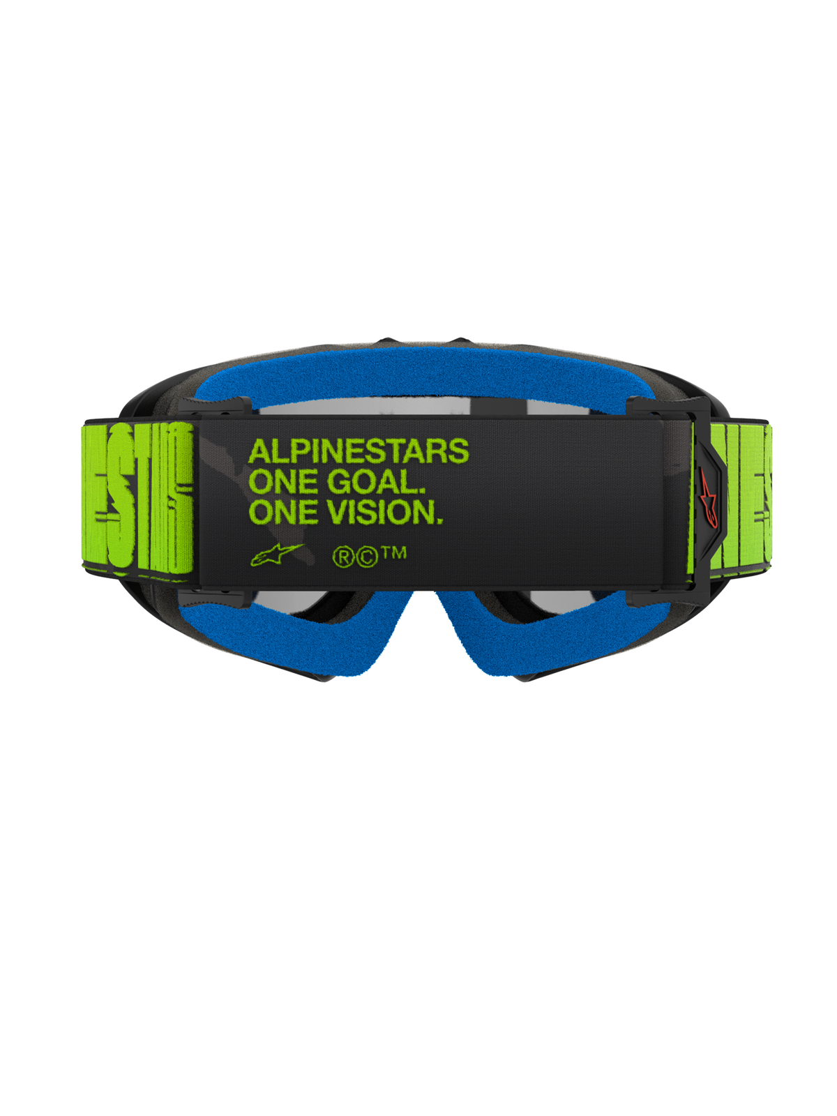 Alpinestars Vision Youth Hollow Goggles, Rear view featuring a fluorescent yellow strap with black 'One Goal. One Vision.' text, blue face foam, and charcoal frame, professional youth motocross goggles