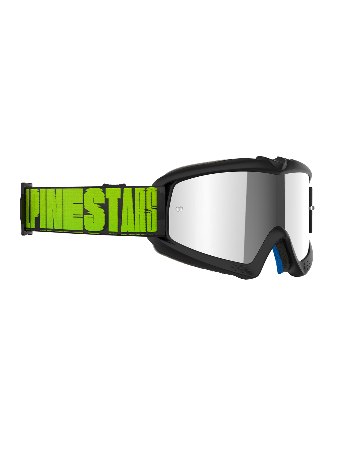 Alpinestars Vision Youth Hollow Goggles, youth motocross goggles, charcoal gray frame with a mirror silver lens, fluo yellow and black strap featuring bold Alpinestars branding, professional-grade eye protection for off-road racing