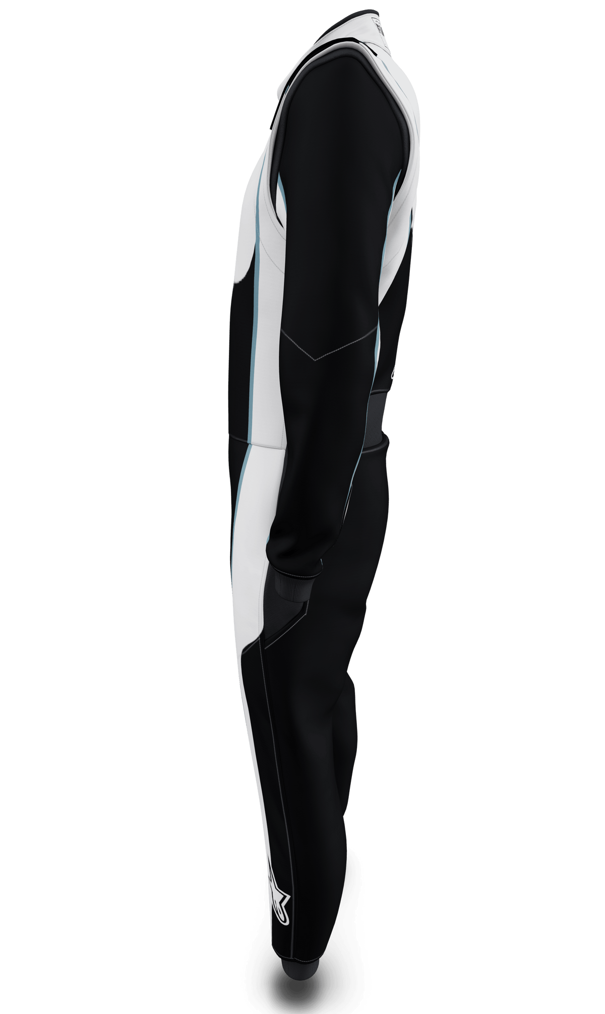 Alpinestars macacão Tech Vision V3 personalizado - FIA, perfil lateral, preto e branco com azul claro, em Nomex ignífugo.