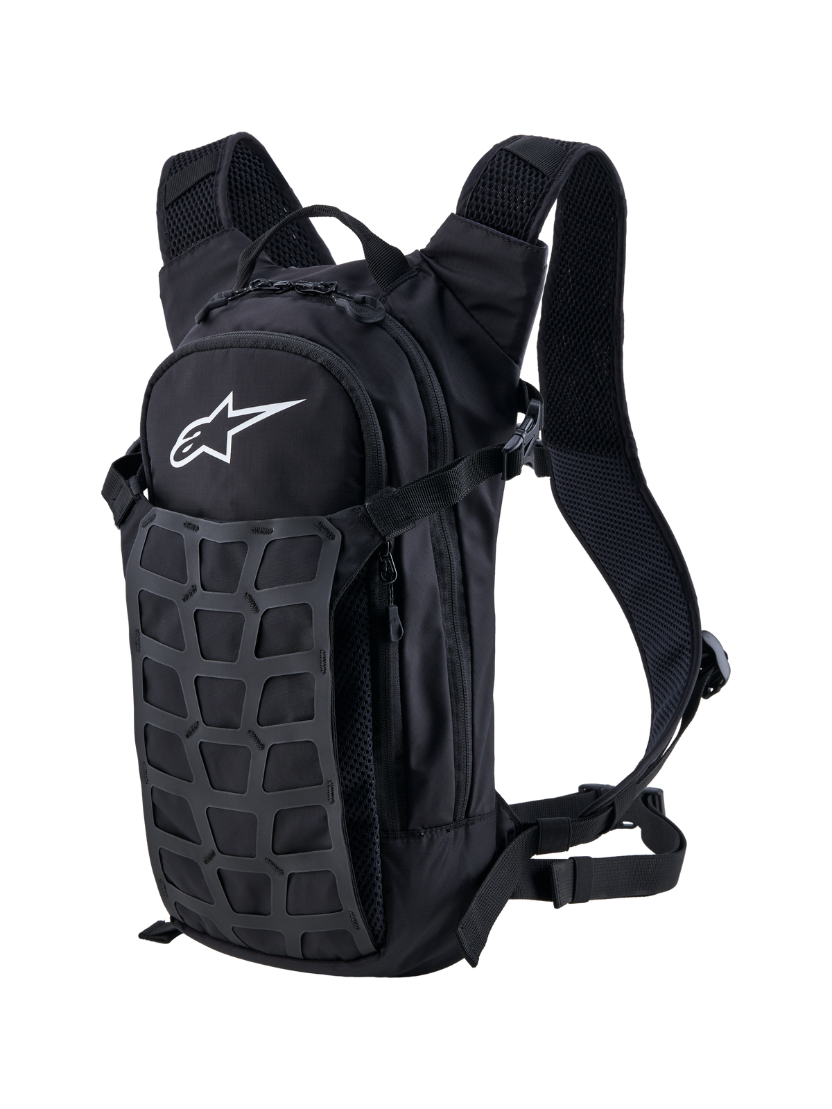 Alpinestars Mochila AT-9, mochila de motocross e todo-o-terreno para uso diário, preta e cinzenta-escura, construção em tecido resistente com alças almofadadas e grelha utilitária frontal, logótipo Alpinestars branco