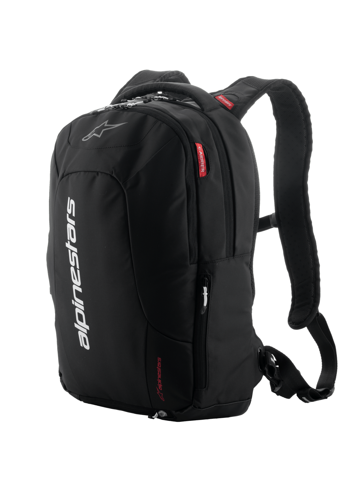 Alpinestars City Hunter V2 Backpack, mochila urbana para motociclismo, preta com detalhes em branco e vermelho, alças de ombro acolchoadas em malha, múltiplos compartimentos com fecho, marca vertical branca e detalhes de logótipo em vermelho, design ergonómico para motociclistas