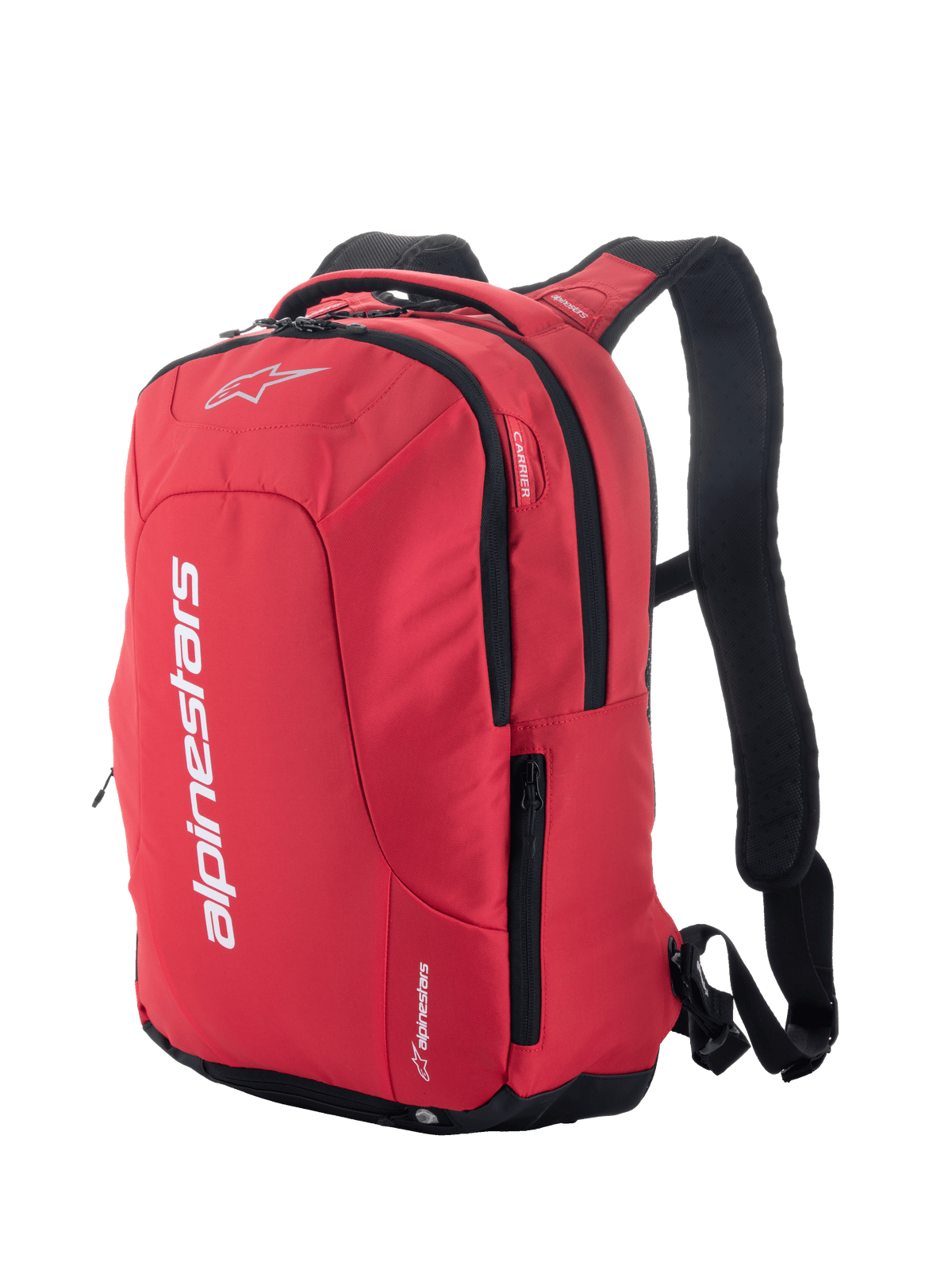 Alpinestars City Hunter V2 Backpack, mochila urbana de motociclismo vermelha e preta, com logótipo branco em destaque, bolsos laterais com fecho de correr, alças de ombro acolchoadas em malha e design aerodinâmico para motociclistas