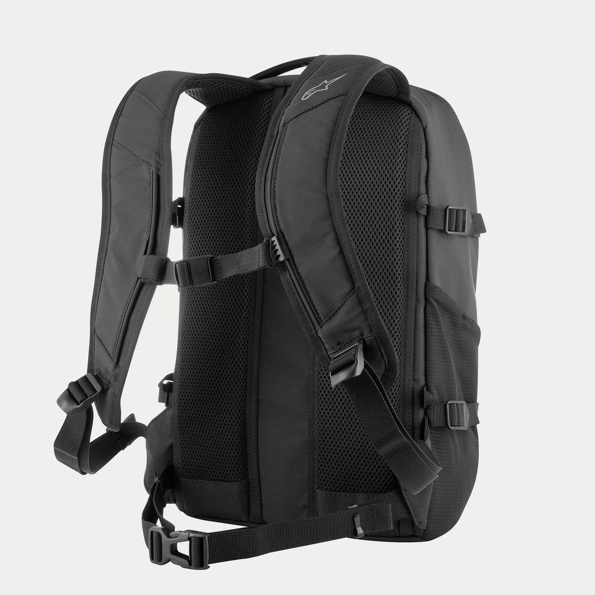 Alpinestars AMP3 Backpack, Technical Motorcycle Backpack, Black, rear view showing 3-D mesh back panel, adjustable padded shoulder straps with magnetic chest closure and waist straps, side compression buckles, durable poly-fabric design
