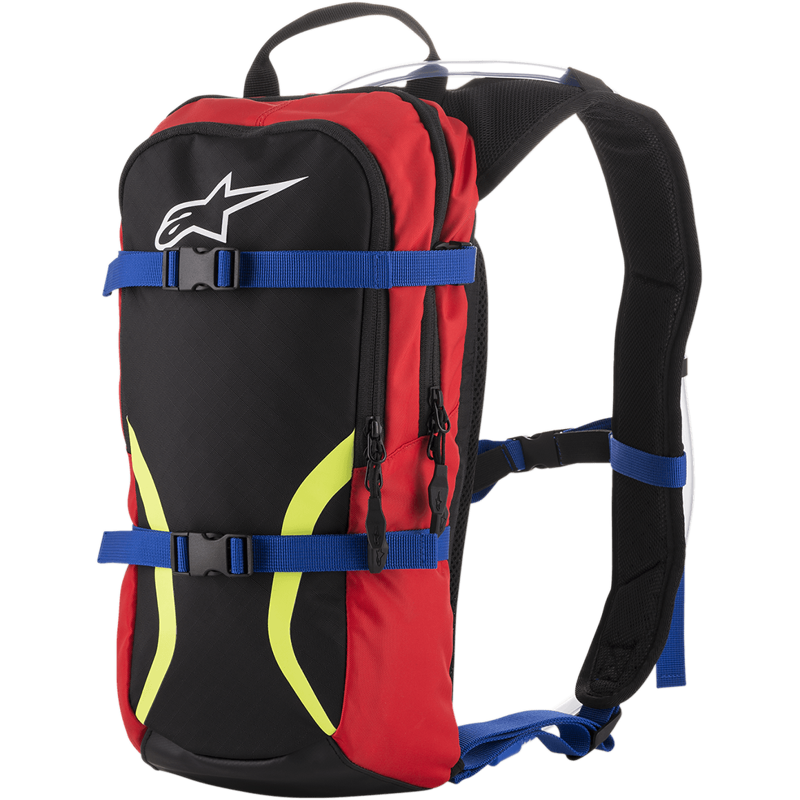 Mochila de Hidratação Alpinestars Iguana, mochila para motocross off-road, preta e vermelha com alças azuis e gráficos amarelo fluorescente, logótipo Astars branco, dois compartimentos com fecho de correr, alças almofadadas com tubo de hidratação visível