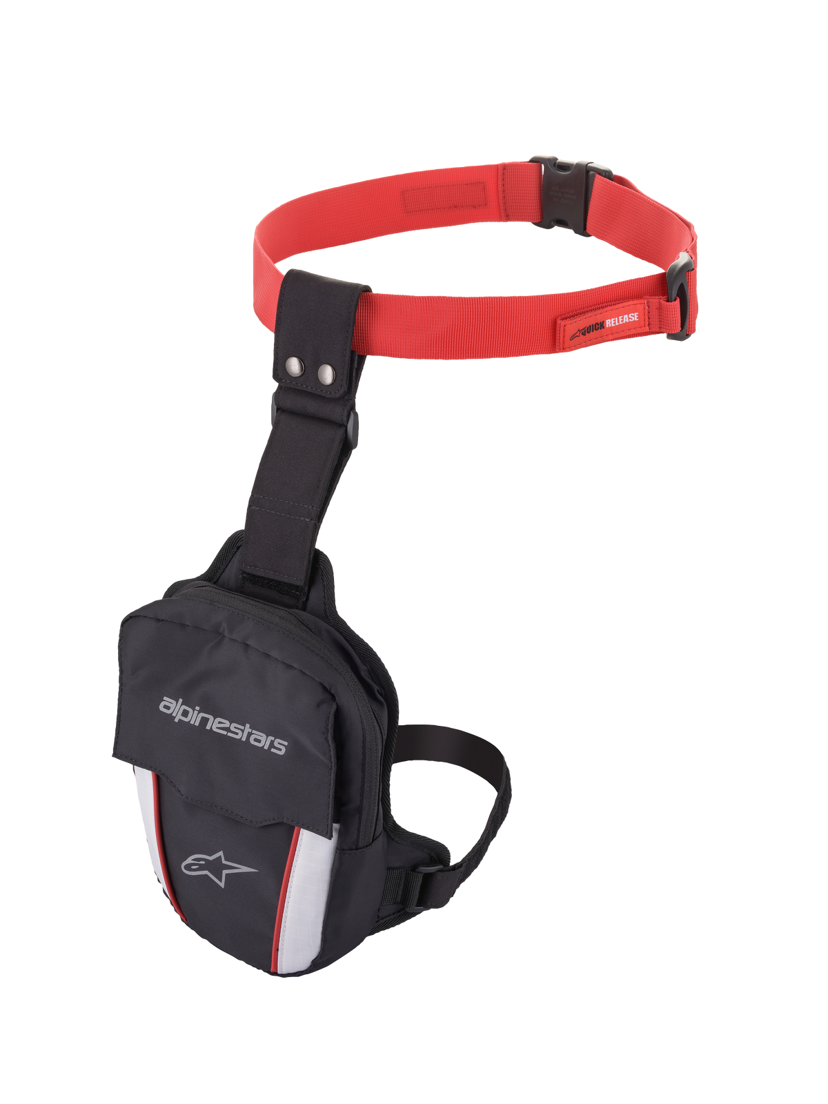 Alpinestars Access Thigh Bag, bolsa de coxa para motociclismo, preta, vermelha e branca, com uma correia de cintura ajustável vermelha com fivela de libertação rápida, correia de coxa preta, logótipo Alpinestars na aba frontal e painéis brancos refletores com detalhes vermelhos para visibilidade.