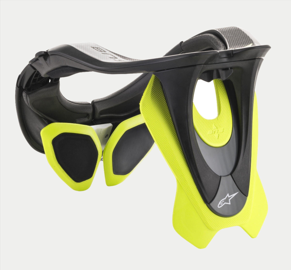 Alpinestars BNS Tech 2 Neck Support, protetor de pescoço de motocross, preto e amarelo fluorescente, estrutura ergonómica em polímero de carbono com estabilizadores acolchoados, com o logótipo Alpinestars, proteção de alto desempenho para condução todo-o-terreno