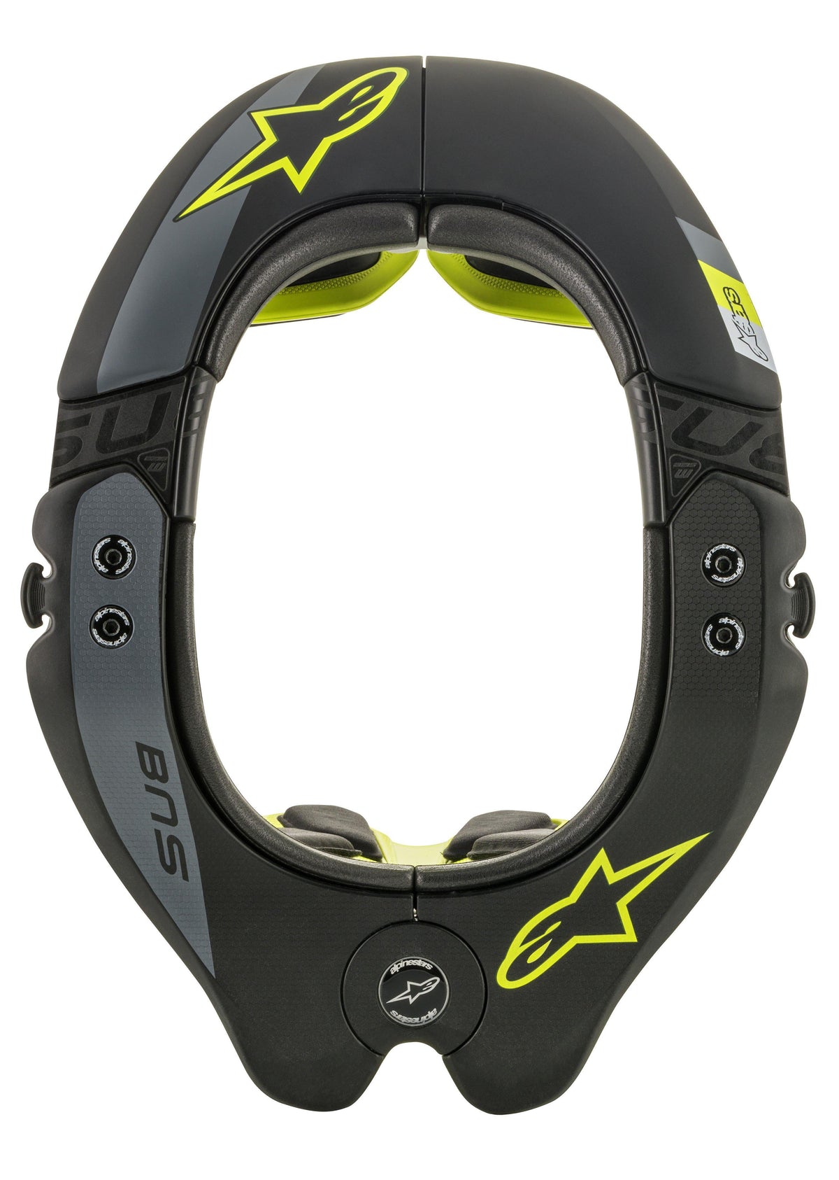 Alpinestars BNS Tech 2 Neck Support, protetor de pescoço para motocross, preto e amarelo fluorescente, vista superior da estrutura oval com logótipos de estrela amarelos, detalhes em cinzento e marca 'BNS', concebido para segurança em todo-o-terreno
