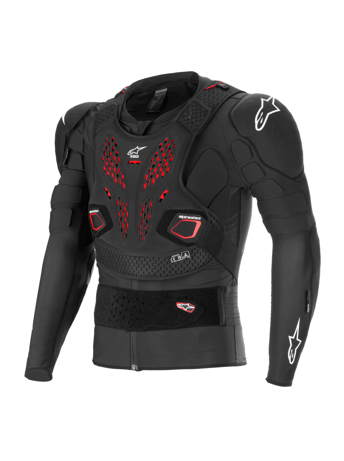 Alpinestars Bionic Pro V3 Plasma Protection Jacket, casaco de proteção para motociclismo todo-o-terreno, preto com detalhes de ventilação vermelhos no peito, logótipos Alpinestars brancos, com protetores Nucleon PLASMA nos cotovelos e ombros, placa de peito flutuante, cinta elástica ajustável e construção em malha respirável para motocross.