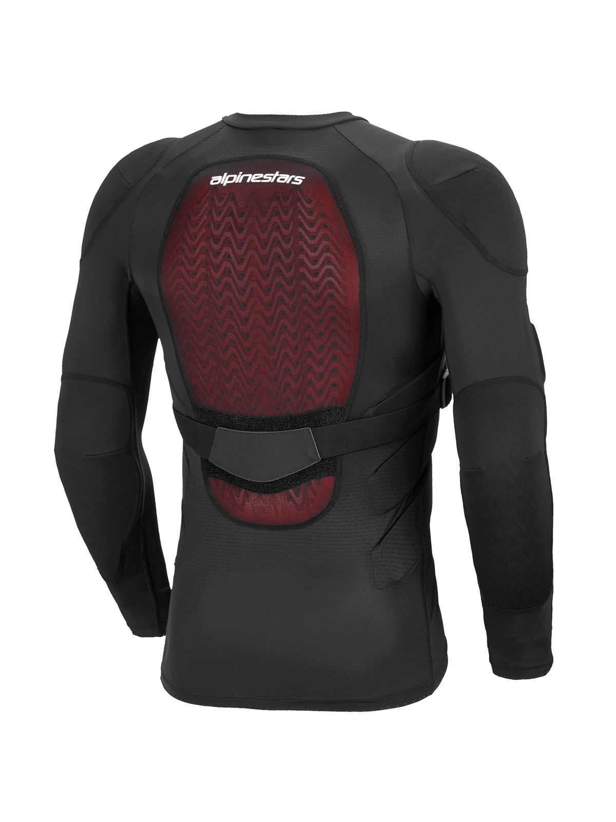 Casaco de Proteção Alpinestars Bionic Plasma LT - Manga Comprida, preto, vista traseira destacando o protetor de costas Nucleon PLASMA vermelho, construção em malha elástica respirável, alça de ajuste na cintura e proteção integrada nos cotovelos e ombros.
