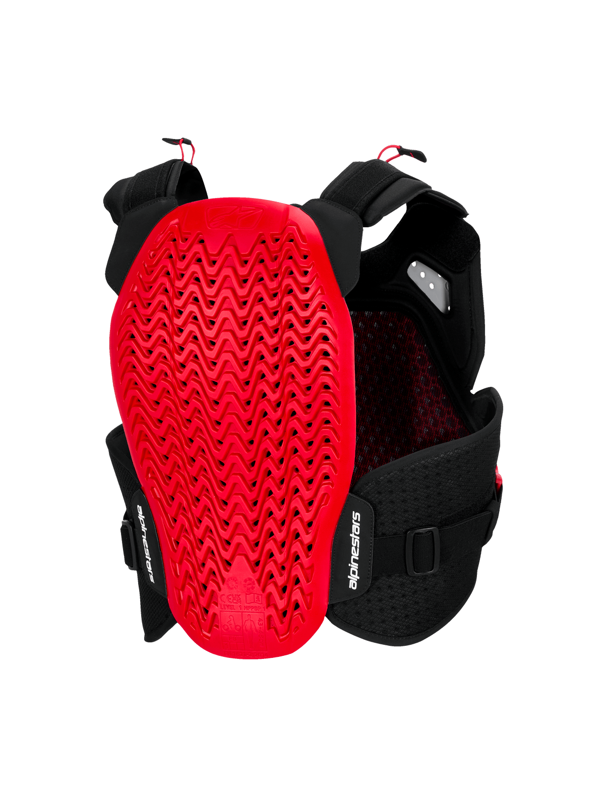 Alpinestars A-4 Plasma Chest Protector, vista traseira, preto e vermelho, com um grande protetor de costas Nucleon PLASMA vermelho com design perfurado ondulado, chassis de malha preta com alças ajustáveis e logótipo Alpinestars em branco.