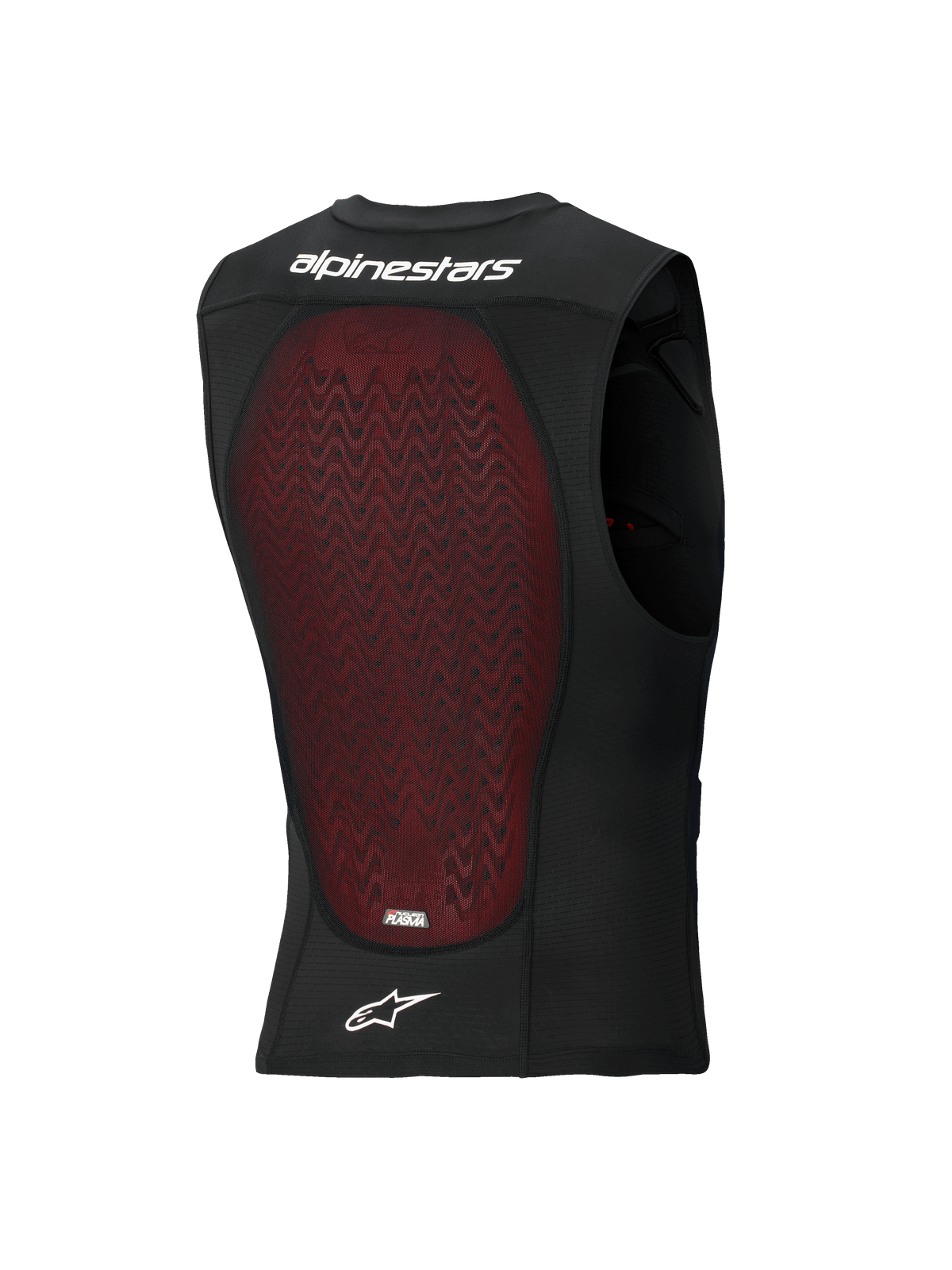 Colete de Proteção Alpinestars Bionic Plasma LT, vista traseira, malha respirável preta com um grande protetor de costas Nucleon PLASMA em vermelho, com o logótipo e o nome Alpinestars em branco, concebido para proteção contra impactos em todo-o-terreno e motocross