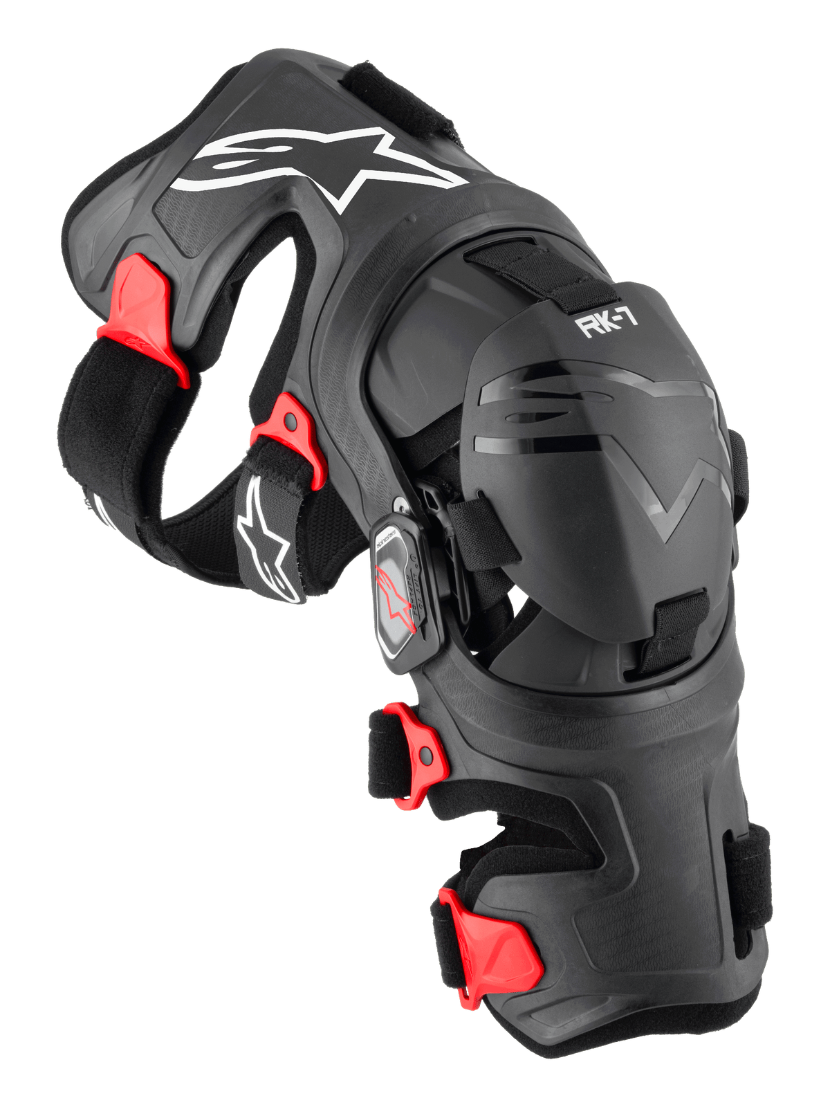 Alpinestars RK-7 Plasma Knee Brace, joelheira de proteção para motocross, preta com detalhes vermelhos e logótipos brancos, estrutura ergonómica reforçada com fibra, correias ajustáveis e sistema de dobradiça de quatro pontos, equipamento de proteção durável para todo-o-terreno