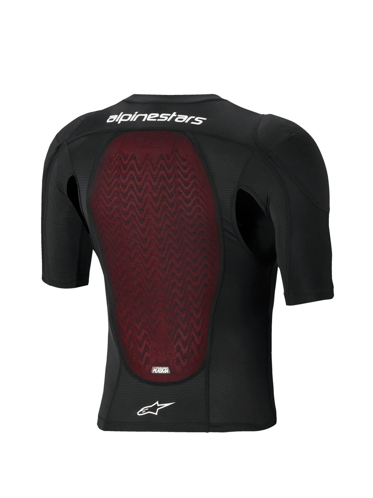 Alpinestars Bionic Plasma LT Protection Jacket - Short Sleeve, rear view, black breathable mesh construction with red textured Nucleon PLASMA back protector, white Alpinestars wordmark and star logo, off-road and motocross protective gear