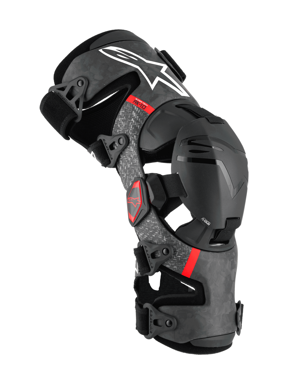 Alpinestars Supertech RK-10 Plasma, joelheira de proteção para motocross, preta com estrutura de fibra de carbono forjada e detalhes cinzentos, logótipos vermelhos, sistema de suporte articulado com correias ajustáveis, proteção premium para off-road