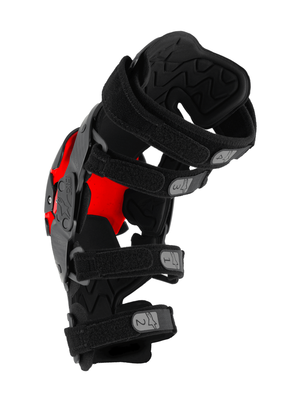 Joelheira Alpinestars RK-1 Plasma, protetor de joelho para motocross, preto e vermelho, vista lateral que mostra quatro correias ajustáveis numeradas e acolchoamento interior texturizado, equipamento de proteção técnica para corridas off-road