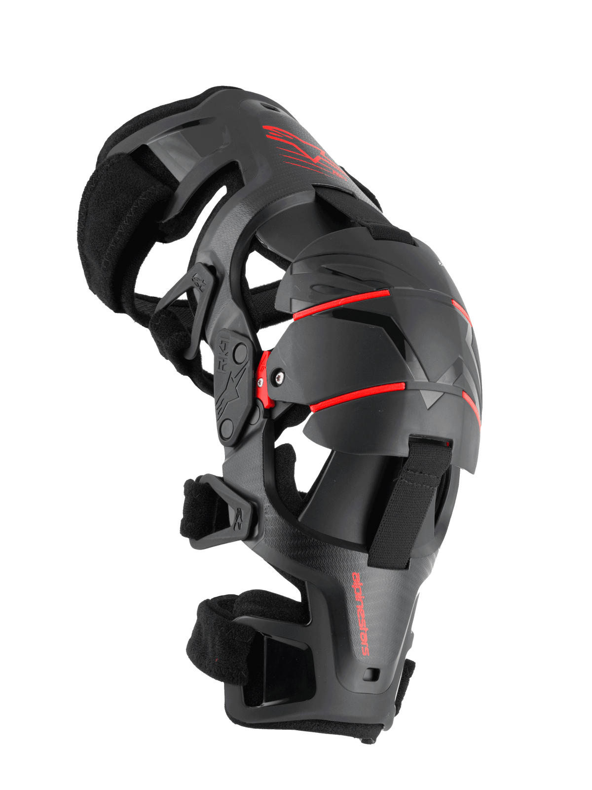 Joelheira Alpinestars RK-1 Plasma, proteção de joelho para motociclismo, preta e vermelha, vista de perfil lateral com sistema de dobradiça articulada de quatro pontos, copas de joelho segmentadas triplas e correias ajustáveis para corridas off-road