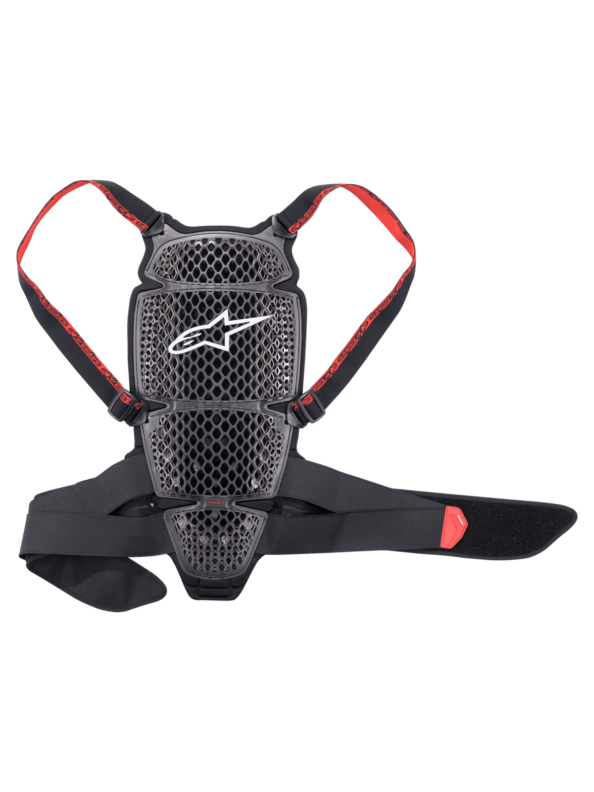 Alpinestars Nucleon KR-Cell Protector, proteção de costas para motociclismo, preto fumado e vermelho, com grelha perfurada em favo de mel, logótipo Alpinestars branco, alças vermelhas ajustáveis com a marca e cinta abdominal preta, design ergonómico ventilado
