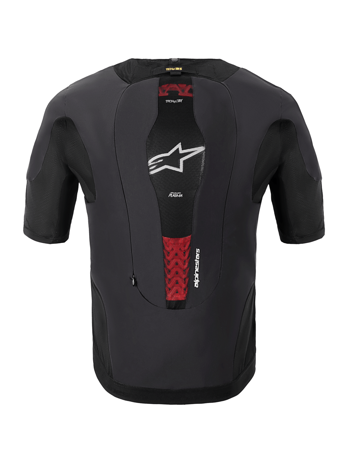 Alpinestars Tech-Air® 5 Plasma System, sistema de airbag para motociclismo, vista traseira, preto, com painel central em malha, logótipo de estrela branco e detalhes vermelhos do protetor de costas PLASMA interno, design de manga curta e corte justo para proteção sob o casaco